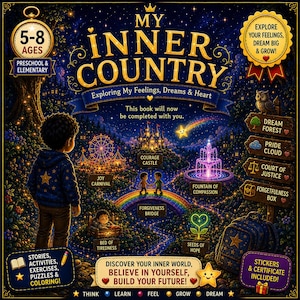 May include: A children's book cover titled "My Inner Country" with a starry night theme. The cover features a young person looking at a fantasy landscape with a castle, rainbow, and other whimsical elements. Text includes "Explore Your Feelings, Dream Big & Grow!" and "Stickers & Certificate Included!"
