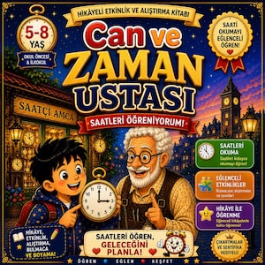 May include: A colorful children's book cover with the title "Can ve ZAMAN USTASI" and the text "Learn to tell time!" A boy and an older man are holding a clock. The book is for ages 5-8 and includes activities and stories.