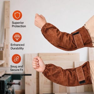May include: Brown suede welding sleeves with elastic cuffs and adjustable hook-and-loop straps. Text reads: Heat and Flame Resistant Welding Sleeves, Protects your arms from heat, sparks, and spatter, Superior Protection, Enhanced Durability, Snug and Secure Fit.