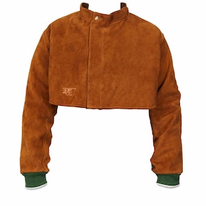 May include: A brown suede cropped jacket with long sleeves. The jacket has a stand-up collar and a button closure. The cuffs are green with a white trim. A small logo is visible on the left chest.