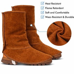 May include: Brown leather work boots with the text "HIGH-QUALITY LEATHER". Features include heat resistance, flame retardancy, and wear resistance. The boots are soft and comfortable. A close-up shows the texture of the leather.