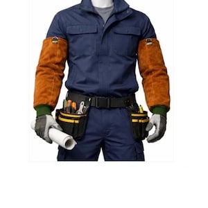 May include: A yellow hard hat, clear safety glasses, and a navy blue work uniform with brown leather sleeves. The outfit includes a black tool belt with multiple pockets containing various tools, grey work gloves, and a rolled white paper document.