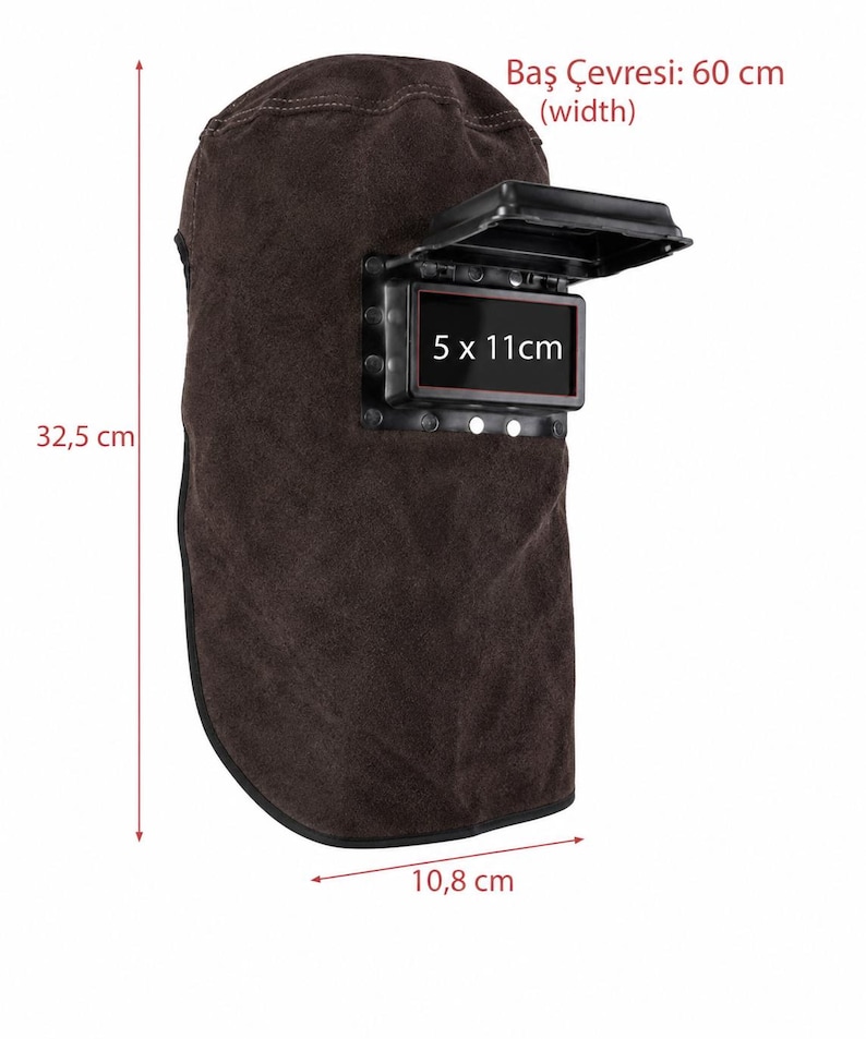 Może przedstawiać: Brązowa maska spawalnicza z podnoszonym wizjerem. Kask ma 32,5 cm wysokości i 10,8 cm szerokości. Wizjer wyświetla wymiary 5 x 11 cm. Widoczny jest r&oacute;wnież tekst "Baş &Ccedil;evresi: 60 cm (width)".