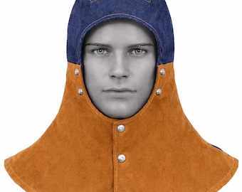 Casco de soldadura ignífugo, gorro de soldador, laterales de cuero ignífugo y capucha protectora de algodón para trabajos de soldadura y esmerilado.