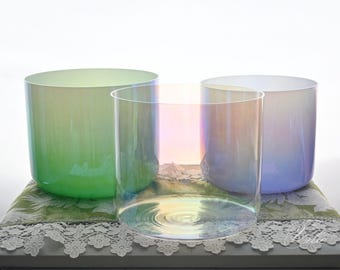 432 Hz 8" F/ 7.5" G/ 7.25" A Juego de 3 cuencos de cristal de alquimia para sanación sonora con mazos de gamuza y anillos en O