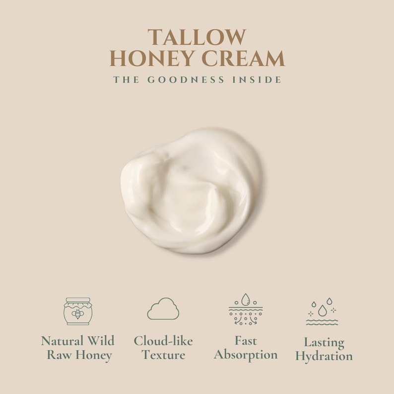 TALLOW HONEY SCENT, Honey Scent Cream, 100% Grass-Fed Beef Tallow, Jojoba, Raw Honey, Sweet Almond, and Frankincense oils –1.8 oz Cream Jar