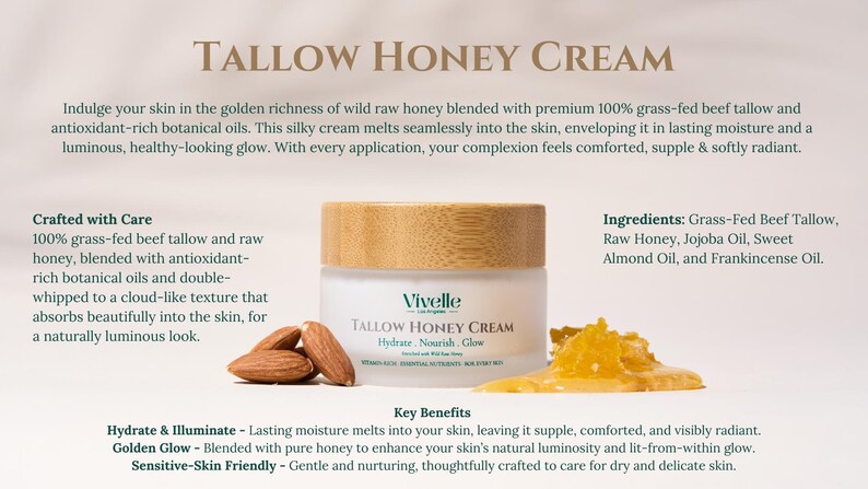 TALLOW HONEY SCENT, Honey Scent Cream, 100% Grass-Fed Beef Tallow, Jojoba, Raw Honey, Sweet Almond, and Frankincense oils –1.8 oz Cream Jar