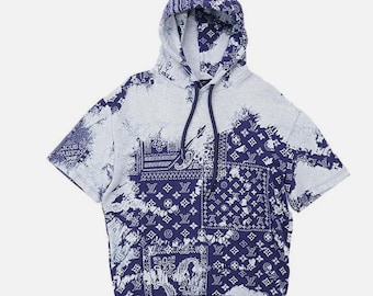 LOUIS VUITTON Bluza Męska Rozmiar Medium 2022AW LV Monogram Żakardowa Bluza z kapturem Niebieska