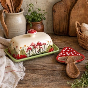 May include: Cream-colored ceramic butter dish with a green base and a red mushroom knob. The dish is decorated with red mushrooms and green foliage. A matching mushroom-shaped spoon rest is also present.