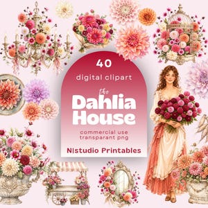 Puede incluir: Conjunto de imágenes prediseñadas digitales con ilustraciones de acuarela de dalias en varios colores, incluyendo rosa, naranja y morado. La imagen incluye arreglos florales, una lámpara de araña y una mujer con un ramo. El texto dice "40 digital clipart" y "the Dahlia House".