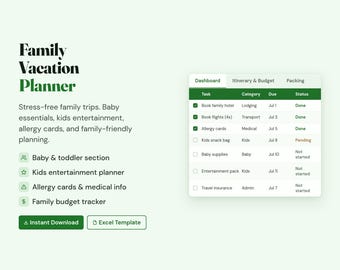 Agenda de vacances en famille Excel | Organisateur de voyage avec des enfants | Itinéraire d'emballage économique | Modèle de voyage en famille | Téléchargement numérique instantané