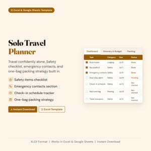 Può includere: Un modello di pianificatore di viaggio digitale per Excel e Google Sheets. Il design include un elenco di attività, categoria, data di scadenza e stato. Il pianificatore include una lista di controllo di sicurezza, contatti di emergenza e una strategia di imballaggio a una borsa.