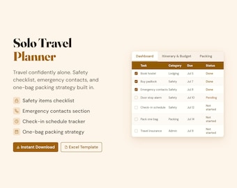 Planificateur de voyage individuel Excel | Organiseur de voyage pour voyageurs individuels | Liste de contrôle de sécurité Budget d'emballage | Agenda pour routards | Téléchargement numérique