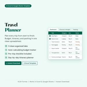 Può includere: Un modello digitale di pianificatore di viaggi per Excel e Google Sheets. Il foglio di calcolo turchese e bianco include sezioni per budget, itinerario e imballaggio. Include una lista di controllo, un tracker del budget e un itinerario giornaliero. Download immediato.