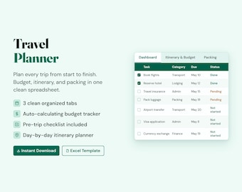 Planificateur de voyage individuel Excel | Organiseur de voyage pour voyageurs individuels | Liste de contrôle de sécurité Budget d'emballage | Agenda pour routards | Téléchargement numérique