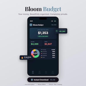 Bloom Budget Grey — Offline Budget Tracker | Dark Theme | HTML App | iPhone iPad Desktop | No Subscription