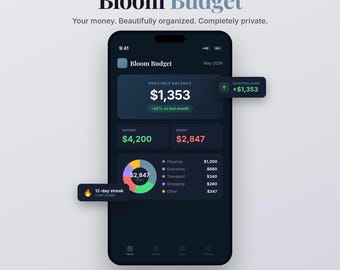 Bloom Budget Grey — Suivi de budget hors ligne | Thème sombre | Application HTML | Ordinateur de bureau iPhone iPad | Pas d'abonnement