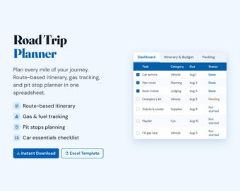 Planificateur de trajets routiers Excel | Organisateur d'itinéraires et d'arrêts | Liste de contrôle pour une voiture économique | Planificateur de vacances en voiture | Téléchargement numérique instantané