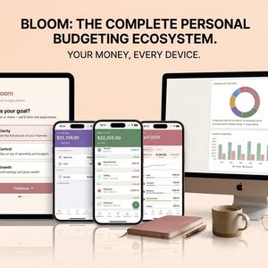May include: A digital financial planning ecosystem, featuring a tablet, smartphones, and a computer monitor displaying budgeting app interfaces. The image includes the text "BLOOM: THE COMPLETE PERSONAL BUDGETING ECOSYSTEM. YOUR MONEY, EVERY DEVICE."