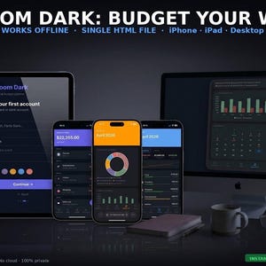 Op de afbeelding: Afbeelding van een donker thema budgetteringsapp, "Bloom Dark", weergegeven op een tablet, smartphones en een desktopmonitor. De app-interface toont financiële gegevens, grafieken en accountdetails. De tekst luidt "Budget Your Way" en "Works Offline".