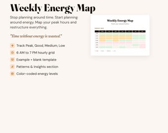 Carte énergétique hebdomadaire PDF | Suivi du niveau d'énergie | Planificateur de productivité imprimable | Calendrier des performances de pointe | Téléchargement numérique A4
