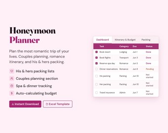 Agenda lune de miel Excel | Organisateur de voyage pour couples | Emballage pour elle et lui | Budget de l'itinéraire | Planificateur de voyage pour mariage | Téléchargement numérique