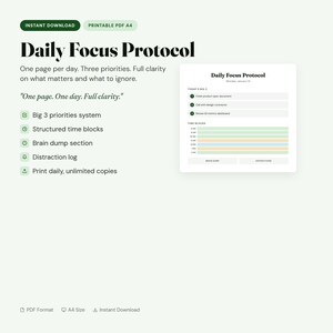 Daily Planner PDF | Focus Planner Printable | Time Blocking Template | Big 3 Priorities | Productivity Planner | A4 Digital Download