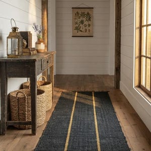 May include: A long, rectangular runner rug in dark charcoal gray with two parallel mustard yellow stripes running the length of the rug, featuring a fringed edge at the bottom, positioned on a wooden floor in a hallway with white walls.