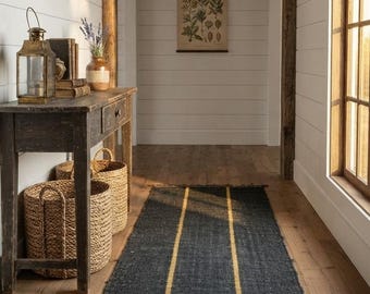Black Hallway Runner Rug | Handmade Wool Jute Runner | Farmhouse Entryway Rug | Modern Rustic Runner | Long Corridor Rug