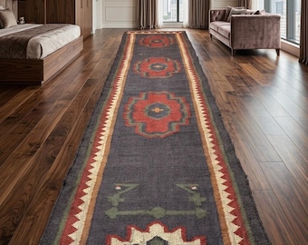 Tappeto in stile sud-occidentale, tappeto Kilim tribale fatto a mano, tappeto vintage in lana per corridoio, runner boho azteco, tappeto rustico geometrico per ingresso, runner da pavimento con frange