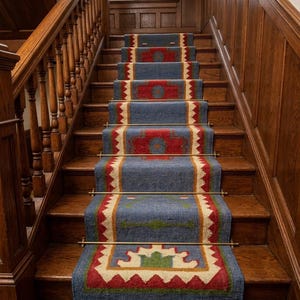 Handgewebter Boho Teppich Läufer, Blauer Teppichläufer, Geometrischer Flur Teppich im Vintage Stil