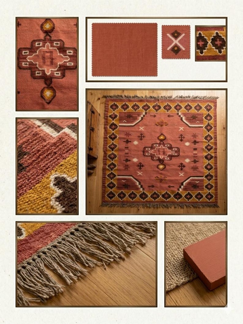 Pu&ograve; includere: Una collezione di immagini che mostrano un tappeto color terracotta con un design geometrico. Il tappeto presenta un motivo centrale con forme a diamante e rettangolari in tonalit&agrave; marroni, gialle e bianche. Primi piani dettagliati evidenziano la trama e le frange.