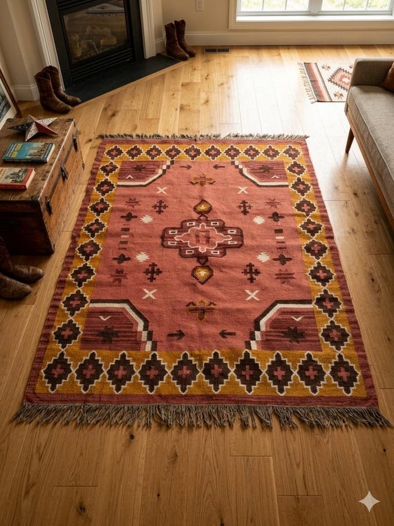 Handwoven Southwestern Area Rug, Boho Tribal Geometric Carpet, Rustic Farmhouse Living Room Rug, Vintage Style Kilim Rug