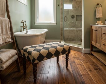 Banco tapizado de yute de lana hecho a mano, banco de madera con diseño de rombos arlequín, banco para el pie de la cama, banco de entrada de estilo rústico, asientos rústicos para el dormitorio.