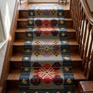 Handgewebter Boho Teppich Läufer, Blauer Teppichläufer, Geometrischer Flur Teppich im Vintage Stil