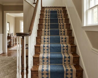 Tappeto per scale geometrico blu, tappeto per scale in stile rustico, decorazione neutra per scale in stile boho, interni moderni e rustici, tappeto intrecciato per corridoio.