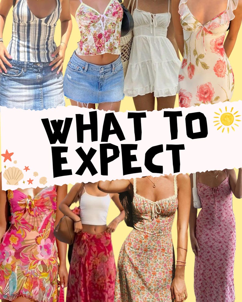 May include: A collage of summer outfits, including denim skirts, floral tops, and dresses. The image features a variety of styles, from a striped top to a floral maxi dress. Text on the image reads "WHAT TO EXPECT" with a sun illustration.