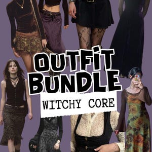 May include: An outfit bundle with a witchy core aesthetic. The image features various outfits with dark colours, skirts, dresses, and tops. The text "OUTFIT BUNDLE WITCHY CORE" is displayed in the centre of the image.