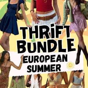 May include: A collage of various summer outfits, including dresses, tops, and skirts. The image features the text "Thrift Bundle European Summer" in bold black letters. The outfits are in various colors and styles, with a yellow background.