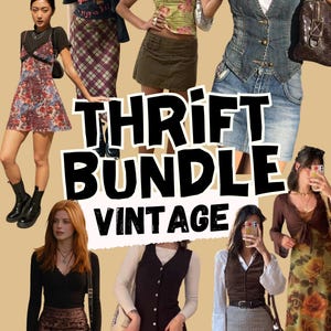 May include: A collage of various outfits featuring floral dresses, denim vests, plaid skirts, and long-sleeve tops. The text THRIFT BUNDLE VINTAGE is overlaid in the center. The clothing items include skirts, vests, and dresses in various colors and patterns.
