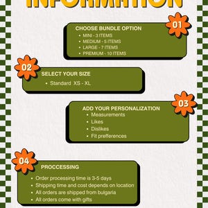 May include: An informational graphic with the word "INFORMATION" in orange letters. It details bundle options, sizes, personalization, and processing steps. The graphic includes text such as "MINI - 3 ITEMS" and "Standard XS - XL". The background has a green and white checkered pattern.