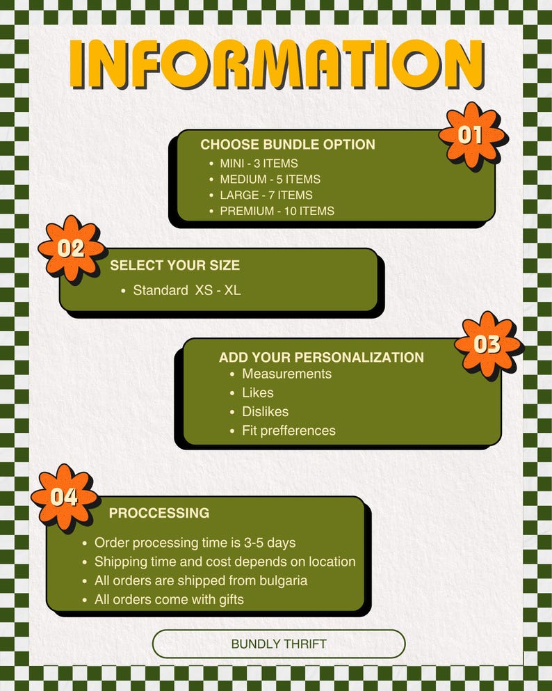 May include: An informational graphic with the word "INFORMATION" in orange letters. It details bundle options, sizes, personalization, and processing steps. The graphic includes text such as "MINI - 3 ITEMS" and "Standard XS - XL". The background has a green and white checkered pattern.