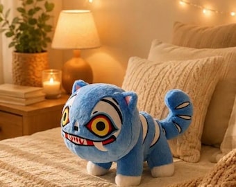 Peluche de gato demonio azul – Muñeco mascota de anime kawaii, animal de peluche espeluznante (25 cm)