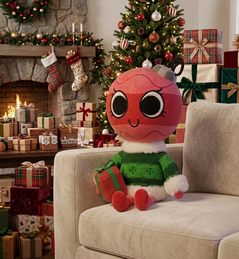 May include: A red plush Christmas ornament character with a smiling face, wearing a green and white sweater, and holding a small gift. The ornament has black eyes and a silver cap. The background includes a Christmas tree, fireplace, and wrapped gifts.