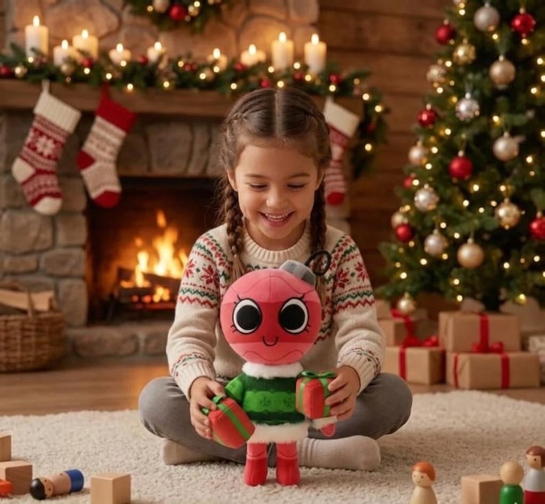 Puede incluir: Una ni&ntilde;a sonriente sostiene un juguete de peluche rojo y verde con ojos grandes y un regalo. El fondo incluye un &aacute;rbol de Navidad decorado, una chimenea con calcetines y regalos envueltos, creando una escena festiva navide&ntilde;a.