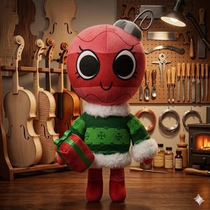 Puede incluir: Un peluche rojo con forma de adorno navide&ntilde;o con ojos grandes y una cara sonriente. Lleva un su&eacute;ter verde con dise&ntilde;os de copos de nieve blancos y un cuello de piel sint&eacute;tica blanco. Sostiene una caja de regalo roja con una cinta verde.