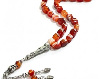 Tasbeeh de ágata natural rayada roja, 33 cuentas de 8*12 mm, rosario islámico hecho a mano, regalo musulmán personalizado Tasbeeh Misbaha