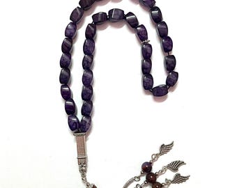 Tasbih de ágata con vetas de dragón violeta, 33 cuentas de 8 x 12 mm, rosario islámico trenzado, misbaha hecho a mano