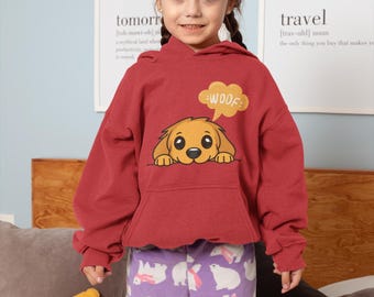 Bluza z kapturem dla psa dla dzieci | Wesoła ilustracja szczeniaka, wygodna mieszanka bawełny i poliestru, kieszeń kangurka