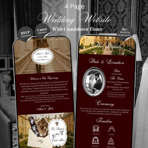 Op de afbeelding: Een digitale 4-pagina trouwwebsite-sjabloon weergegeven op twee smartphoneschermen. Het ontwerp bevat een diepe bordeauxrode kleurstelling, elegante scripttypografie en secties voor evenementdetails, een afteltimer en RSVP-tracking.